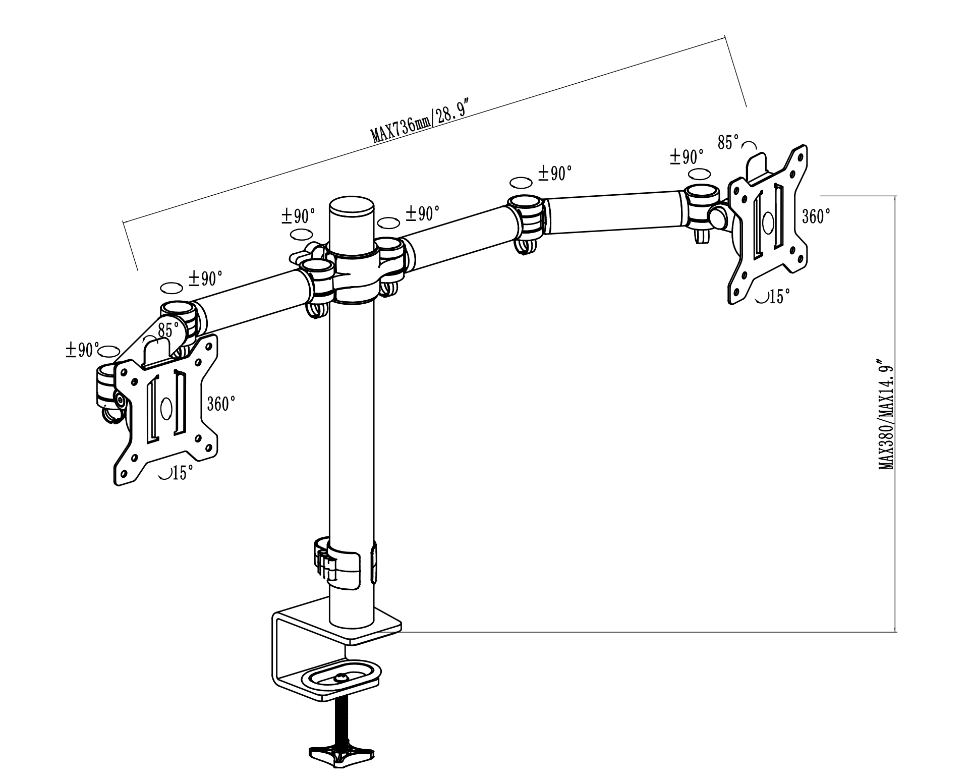 Dibujo del brazo de doble monitor. 